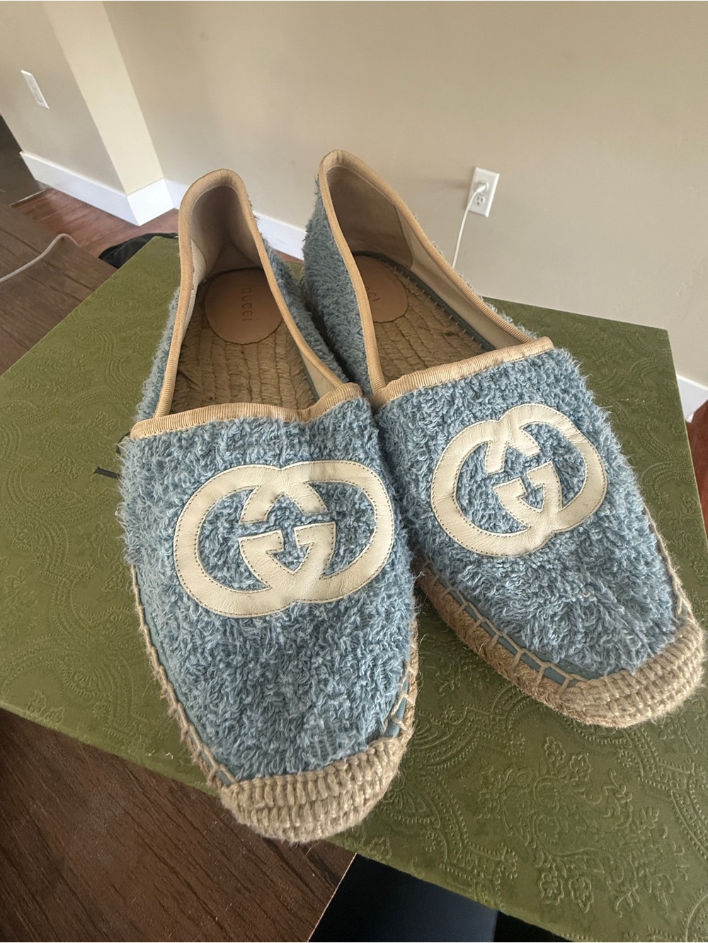 Gucci Light Blue Shearling Logo Espadrille Slip-Ons